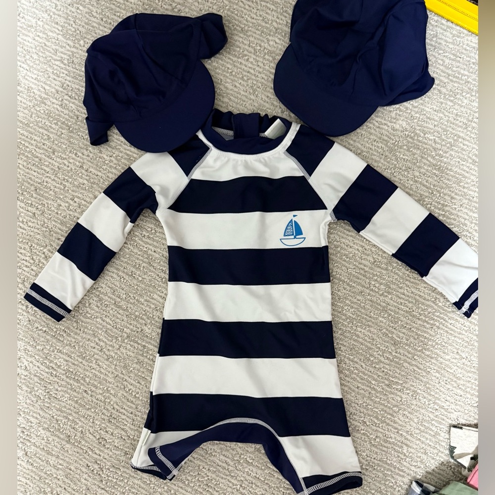 Navy and White Striped Baby Bathing Suit with 2 Water Sun Hats
